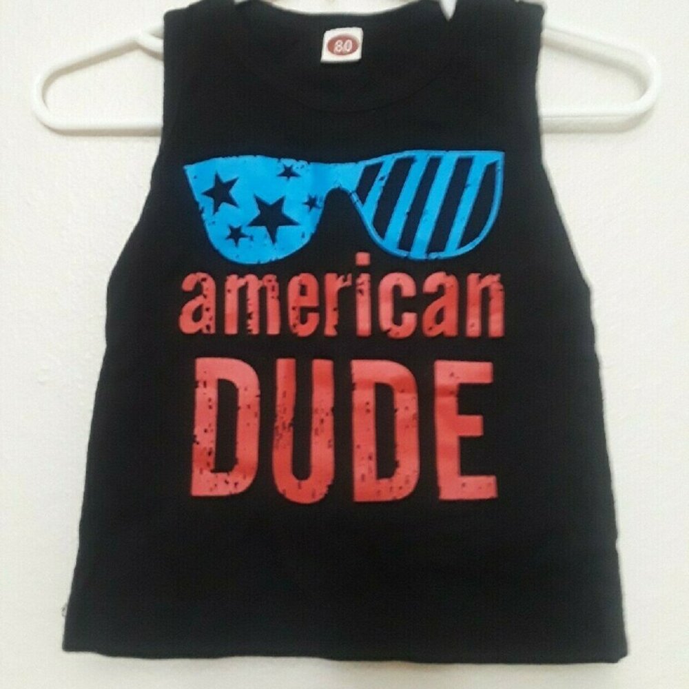 Black Tank Top with Blue and Red Print